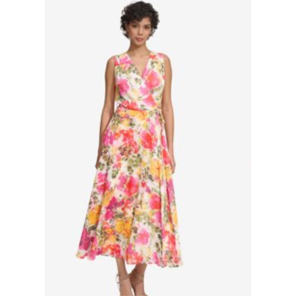 Calvin Klein Pink & Yellow Floral Sleeveless Maxi Dress